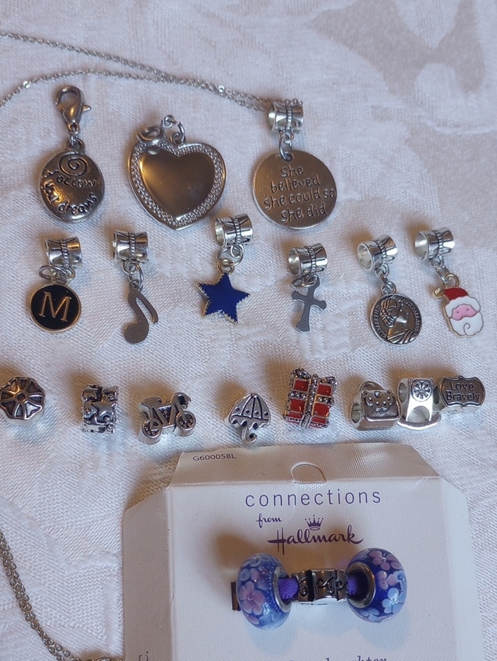 Lot Of 22 Slide Charms, Two Clip Charms 16in Silvertone Necklace Included